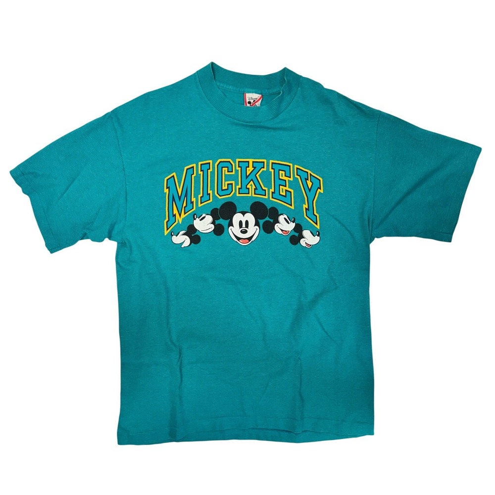 Vintage Disney Designs Mickey Mouse Teal Ribbed T-Shirt Made in USA Mens L XL
